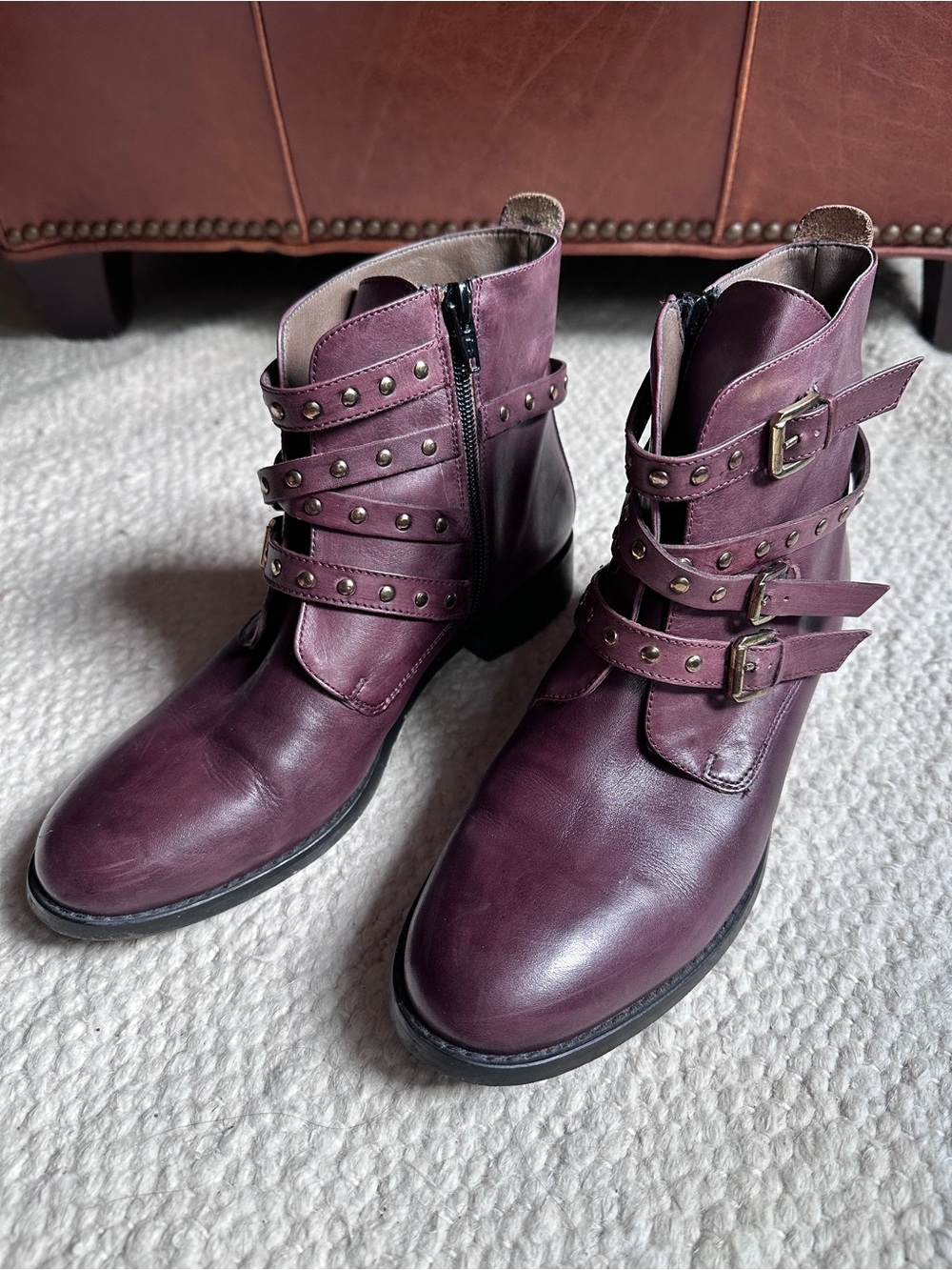 Bella Vita Burgundy Studded Buckle Ankle Boots